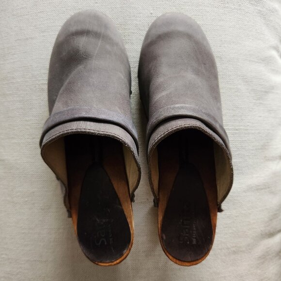 🇩🇰 Authentic Danish Sanita Gray Leather & Wood Clogs – Sz US 9 - Picture 2 of 12